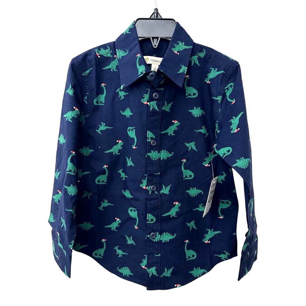 Tucker + Tate Boy's Blue Dinosaur Santa Hat Blue Long Sleeve Button Up 2 NWT